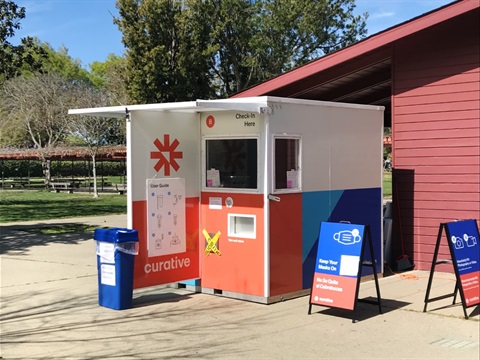 The Curative COVID-19 Kiosk located next to the bathrooms in Mitchell Park.