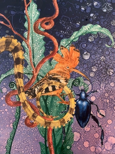 Monotype print with a surreal underwater scene that includes a beetle, a seahorse, a tentacle and plants fading from dark to light purple top to bottom
