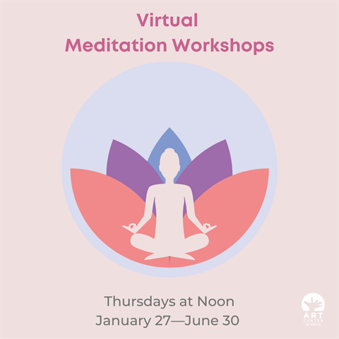 Virtual Meditation Workshops image with lotus flower and figure in yoga post