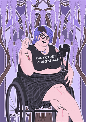 Self-portrait of a woman sitting in a wheelchair with art-nouveau inspired background