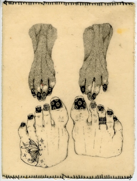 drawing of dog and human feet with painted toenails