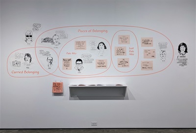 Installation image of wall painting featuring map of Palo Alto, black and white drawings of older people and calligraphy text by Christine Wong Yap and teens based on Belonging residency