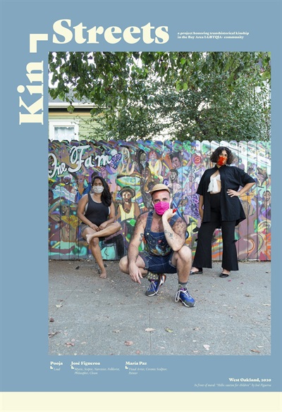 Pooja, José & Mar (West Oakland) by Marcel Pardo Ariza: a poster showing three masked people posing in front of a painted fence
