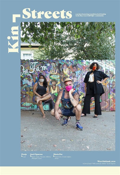 Pooja, José & Mar (West Oakland), 2020, by Marcel Pardo Ariza Pooja, José & Mar (West Oakland) by Marcel Pardo Ariza: a poster showing three masked people posing in front of a painted fence