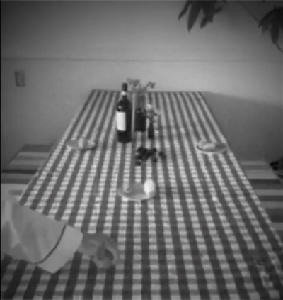 Black and white still from video showing a long table with a checked tablecloth, three place settings and a bottle of wine