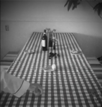 Still from At a Loss for Words, 2020-21 by Leah Rosenberg Black and white still from video showing a long table with a checked tablecloth, three place settings and a bottle of wine