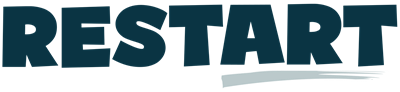 RESTART logo in dark blue capital letters with a light-blue swish under the letters 