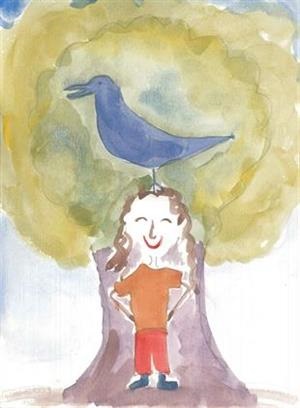 Fanny's self-portrait has a bird on her head, she is posed in front of a tree