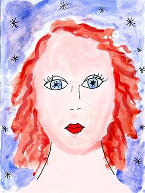 Self portrait by Karen with red hair and a blue background with stars