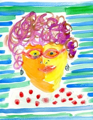 Colorful self-portrait by Kathleen with her in purple hair and a polka dot top