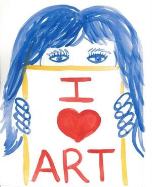 Lucy Larson self-portrait with a sign that says I love art
