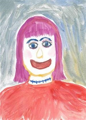 Rebecca self-portrait with hot pink hair and a smile