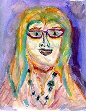 Very colorful self portrait of Sharon with purple glasses