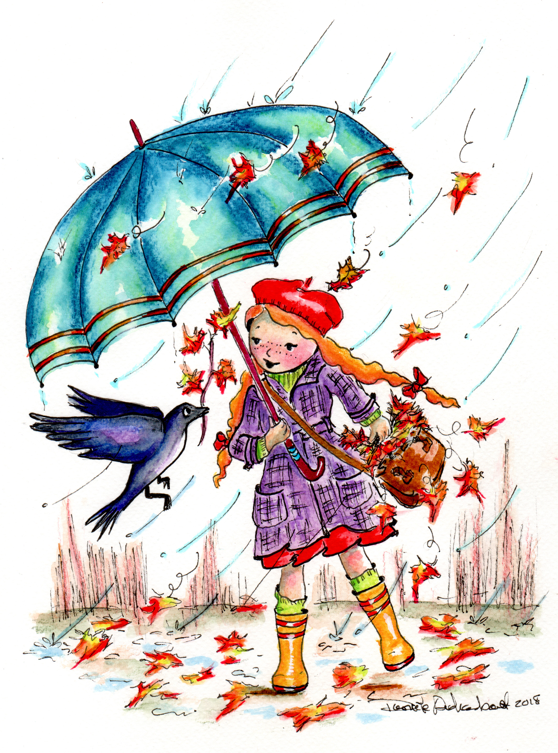 Blue Umbrella and Bird illustration