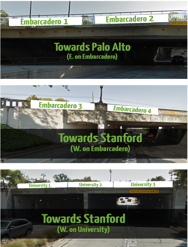 Collage of banner locations on the Embarcadero and University Avenue overpasses