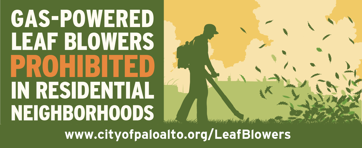 A graphic of a person using a leaf blower with text of gas-powered leaf blowers prohibited in residential neighborhoods