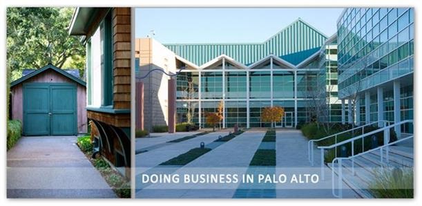 A collage from right to left: the tiny and historic HP Garage on Adison Ave, and an all-glass, modern business building at Stanford Research Park
