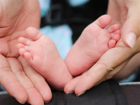Two baby feet are held by two adult hands