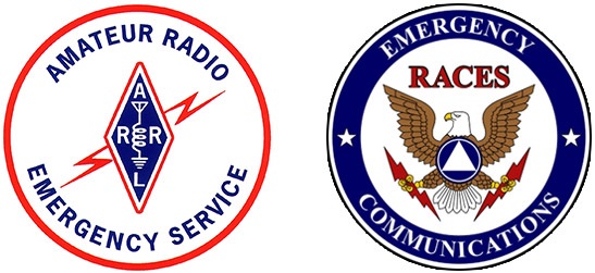 logos for amateur radio emergency services, white circle with red border with lighting bolt in the middle 