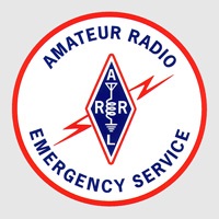 Amateur Emergency Radio Services, circle with red border and red lightning bolt in the center