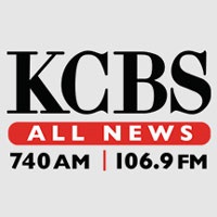 gray background with words KCBS all news 740 AM 106.9 FM