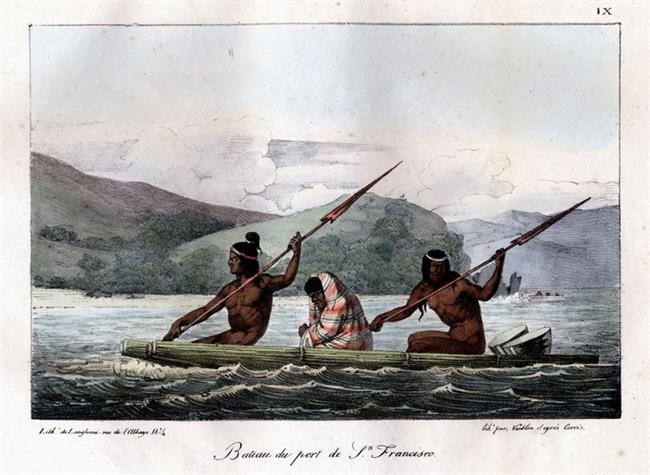 1822 drawing of Ohlone Indians in a Tule Boat In the San Francisco Bay