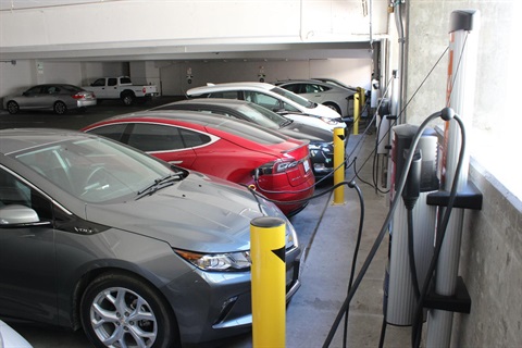 Various electric cars charging at the Bryant Street Garage