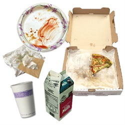 Soiled paper examples - pizza box, milk carton, napkin, paper cup, and paper plate