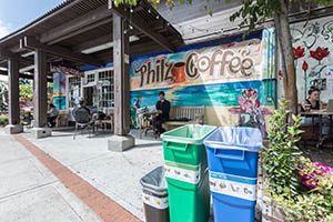 Color-coded, labeled waste station set up outside Philz Coffee