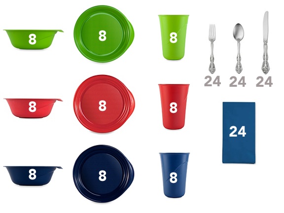 Dishware sets in 3 colors plus utensils and napkins