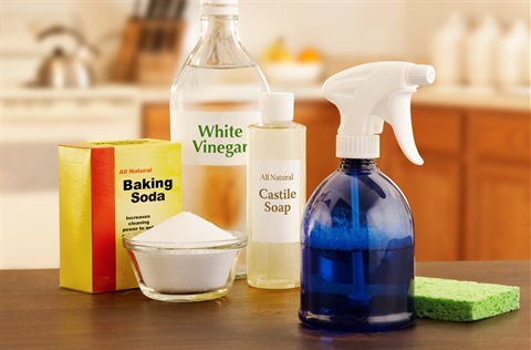 Baking soda, vinegar, castile soap and spray bottle