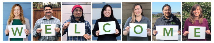 Zero Waste staff photos holding signs to spell out "Welcome"
