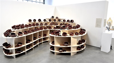 Photo of Round Barn installation view, hand-thrown porcelain, high-fire glazes, donated ashes from the homes of the Tubbs wildfires, Courtesy of the artist