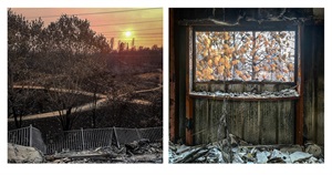 A photograph with two distinct images: a desolate landscape on the left destroyed by fire on the right a window in a burned building looking out onto healthy trees